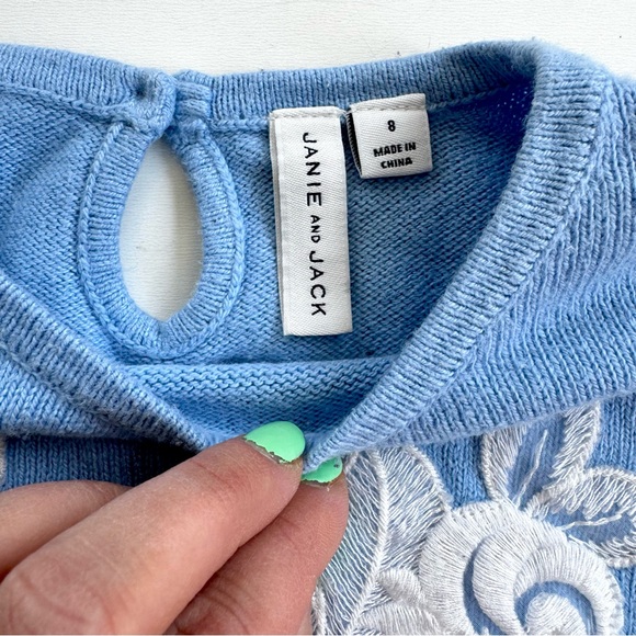 Janie and Jack Blue Floral Detail Girls Ruffle Sleeve Sweater Size 8 READ - Picture 3 of 11